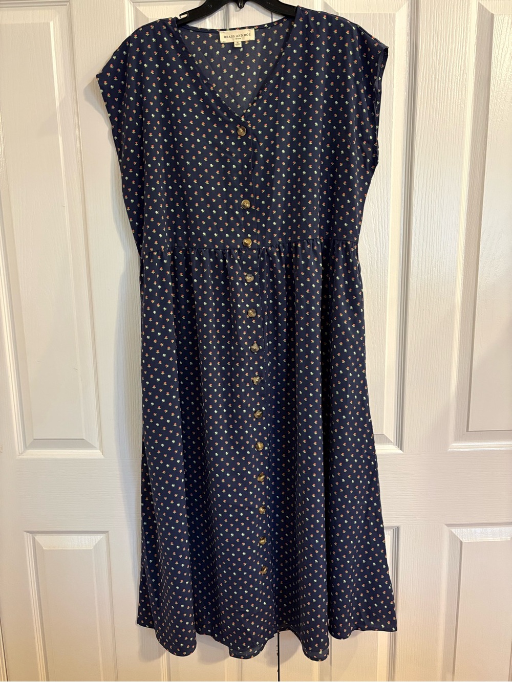 Brass & Roe XL Navy Ditsy Floral Button Front Midi Dress Cottagecore Prairie - Picture 3 of 7